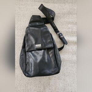 Perlina Black Leather Crossbody Backpack Travel Bag